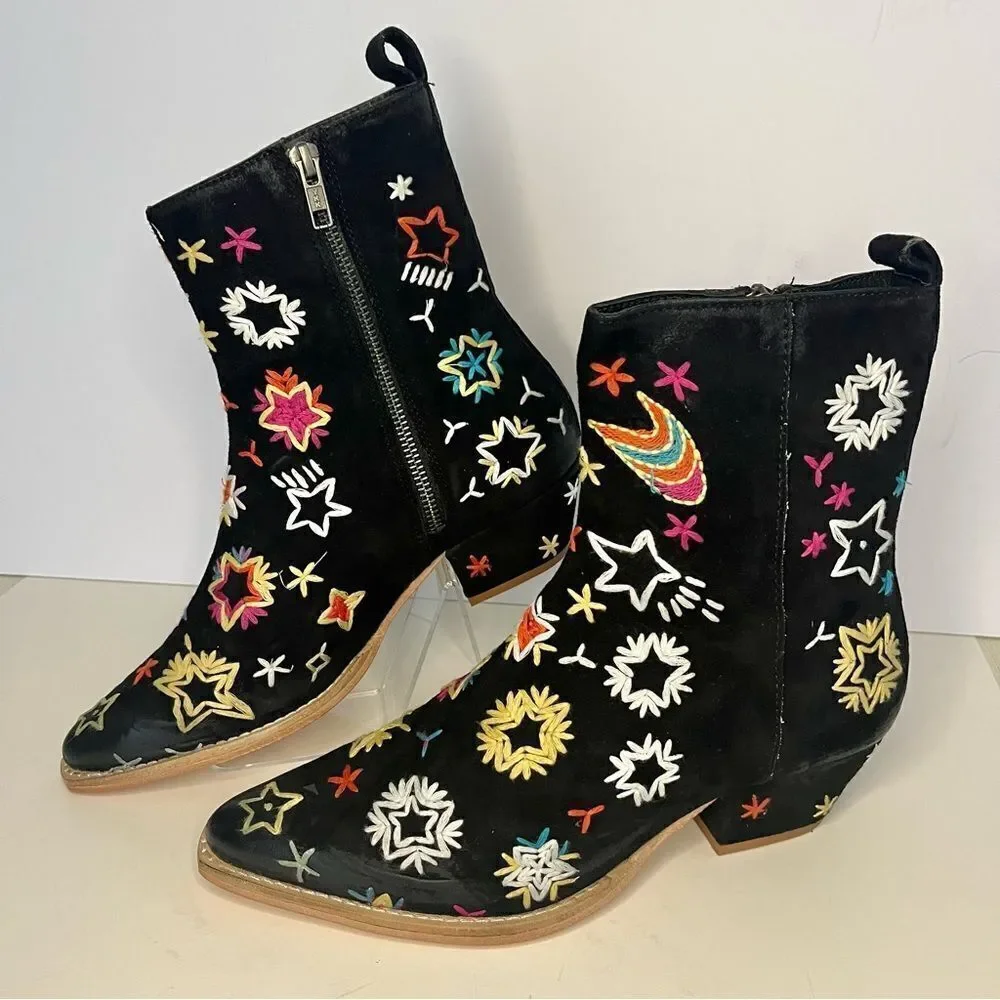 Free People Bowers Suede Embroidered Western Boots in Black‎ Size 6.5 (37) NWOB